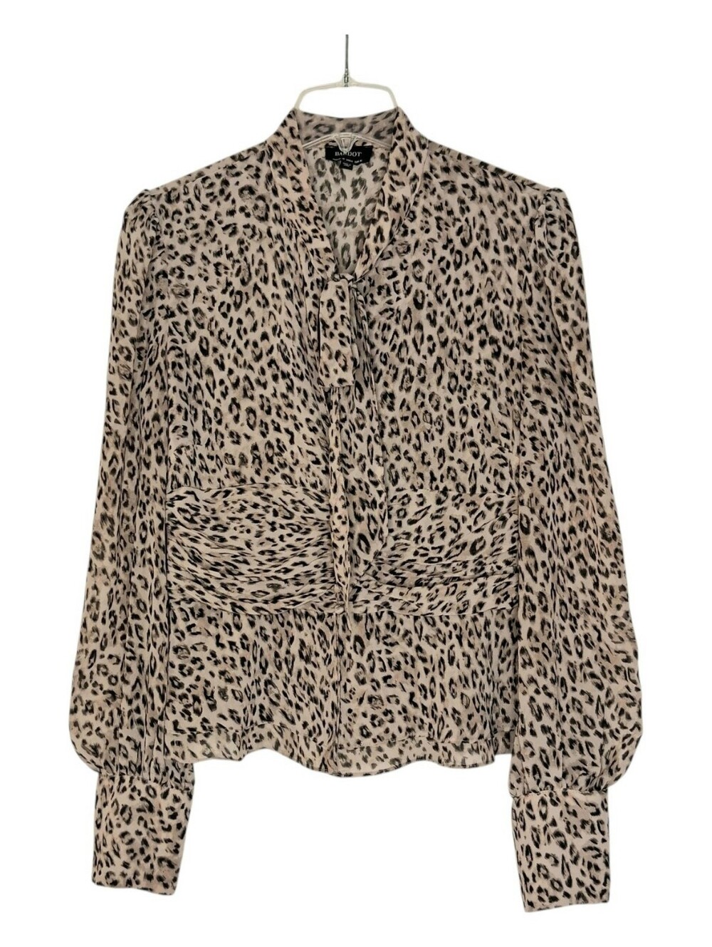 Bardot Leopard Print Tie Neck Blouse Sz 6 Sheer Mobwife Peplum Dressy